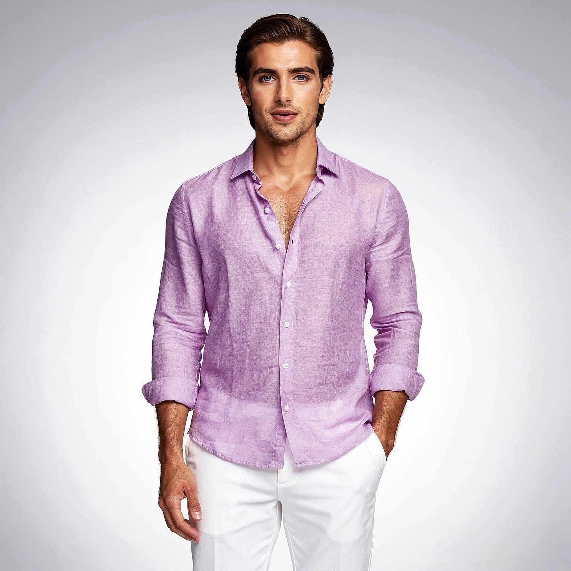 Light gray casual button up shirt made of soft cotton, featuring a relaxed fit and detailed stitching, view