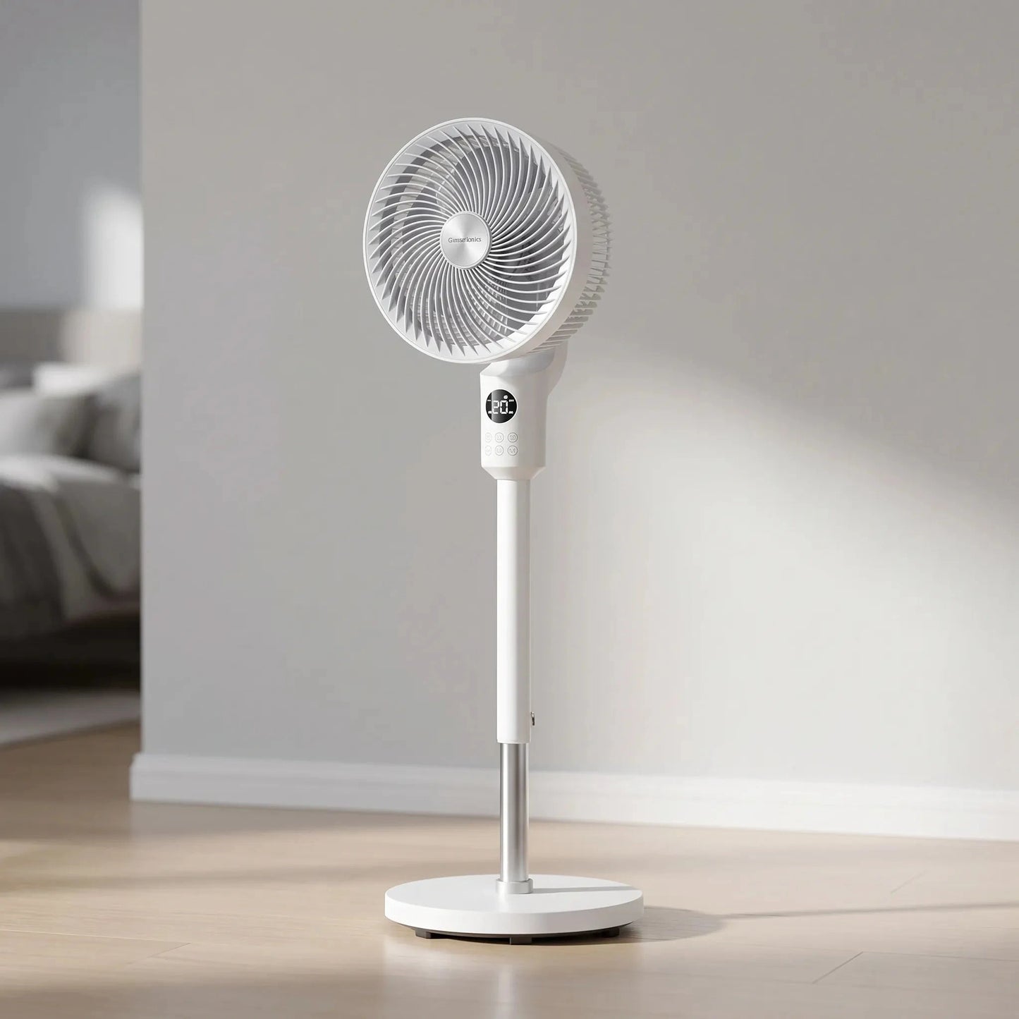 Of the fan's sleek control panel displaying speed settings, oscillation , and a timer feature for convenience