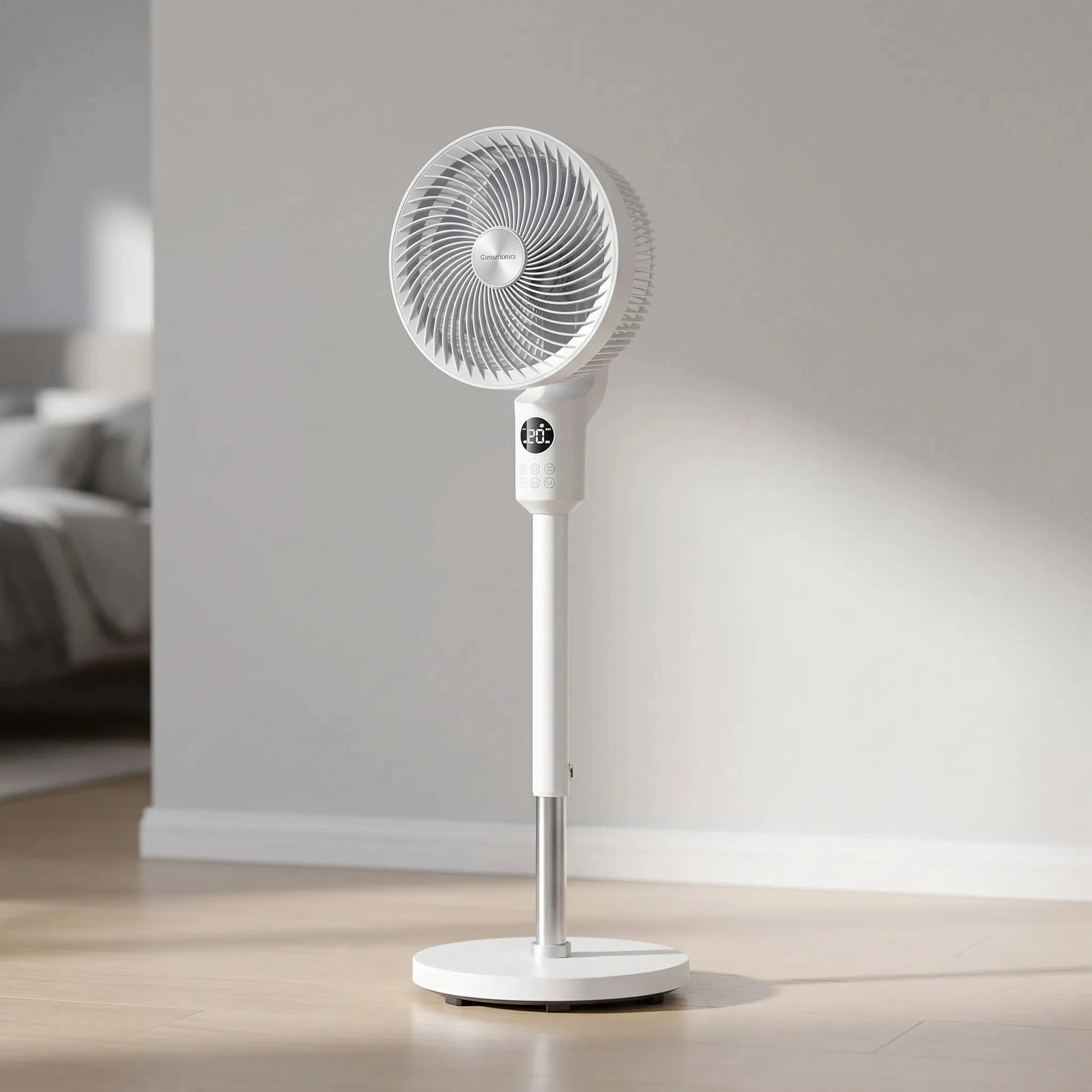 Of the fan's sleek control panel displaying speed settings, oscillation , and a timer feature for convenience