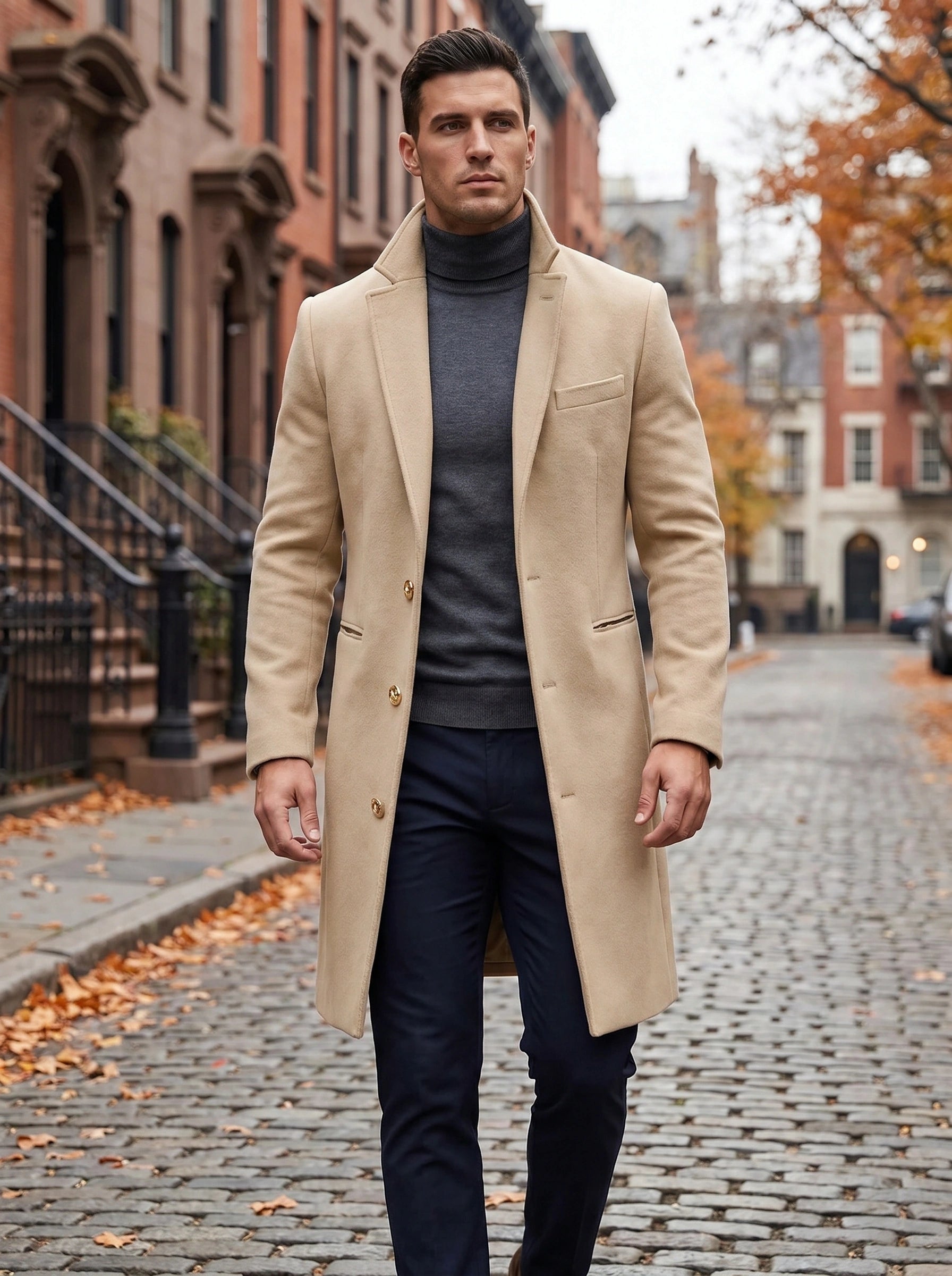 Back view of a men's tailored wool blend pea coat in navy, showing its sleek silhouette and fine construction details against a neutral backdrop.
