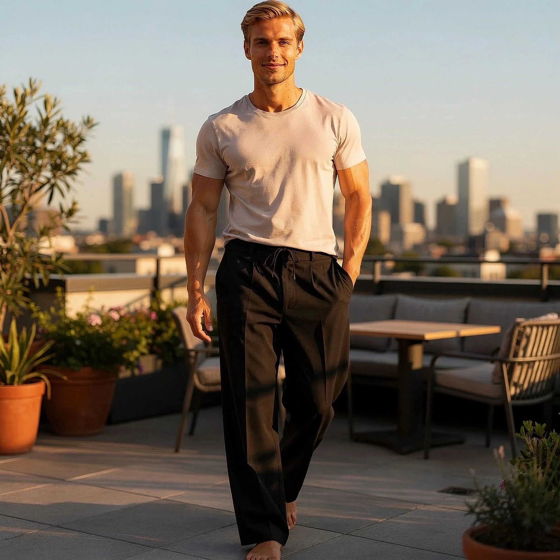 View of relaxed fit drawstring pants in soft beige fabric, featuring an elastic waistband and pockets