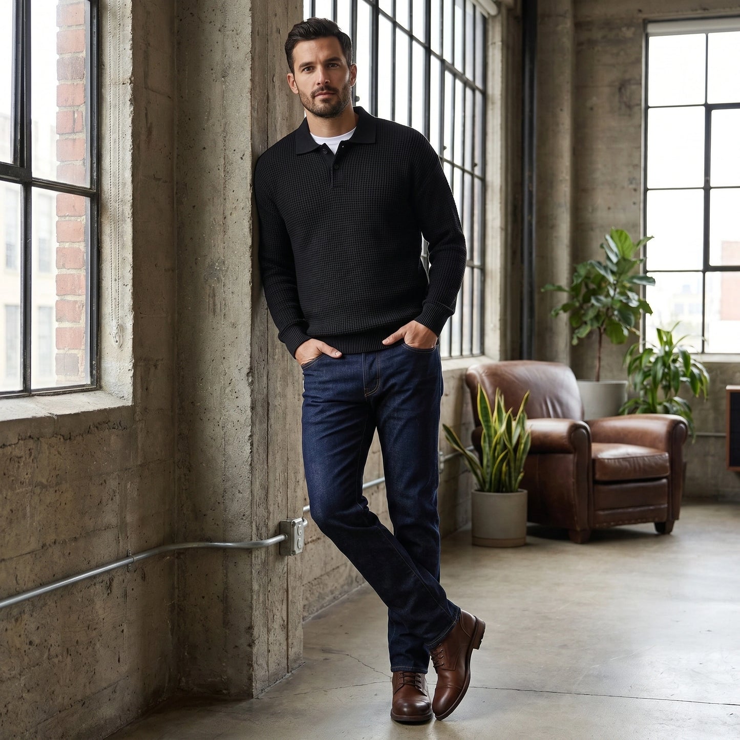 Back view of a model wearing a navy Mens Sophisticated Knit Polo Sweater, showing its refined construction details against a minimalist backdrop.