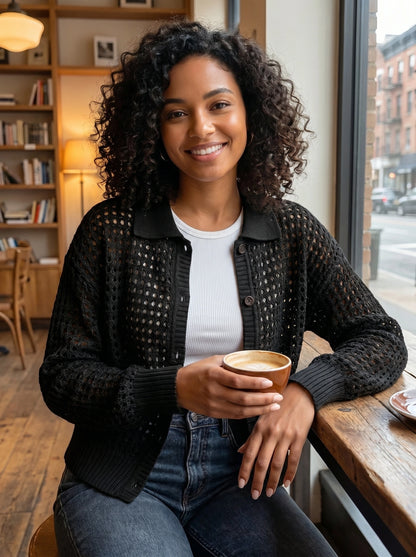 Close up of the Womens Hollow Knit Autumn Cardigan showing intricate stitching and textured fabric in a warm beige hue, emphasizing its sophisticated design.