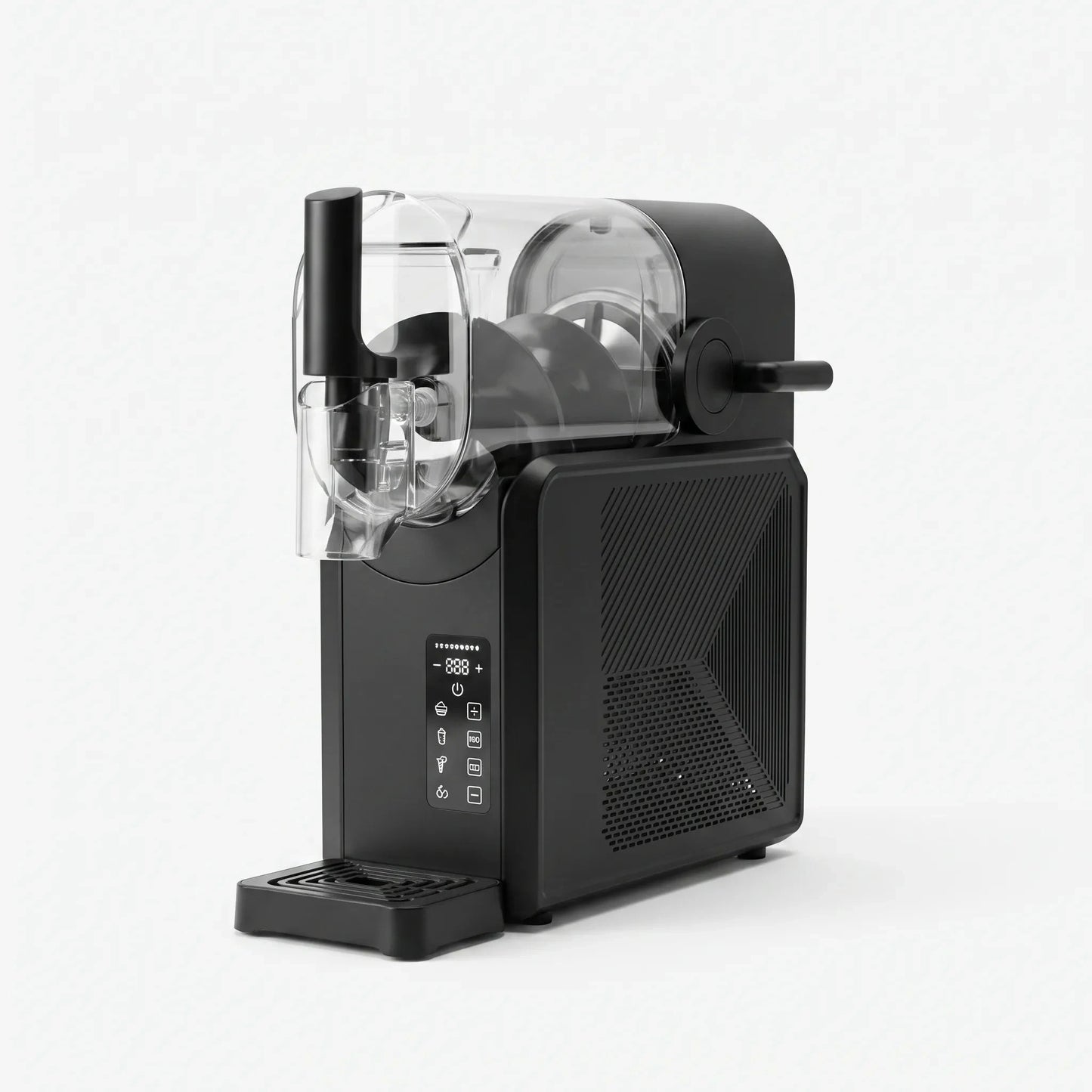 View of a sleek slush machine showcasing its digital control panel and elegant design for countertop use