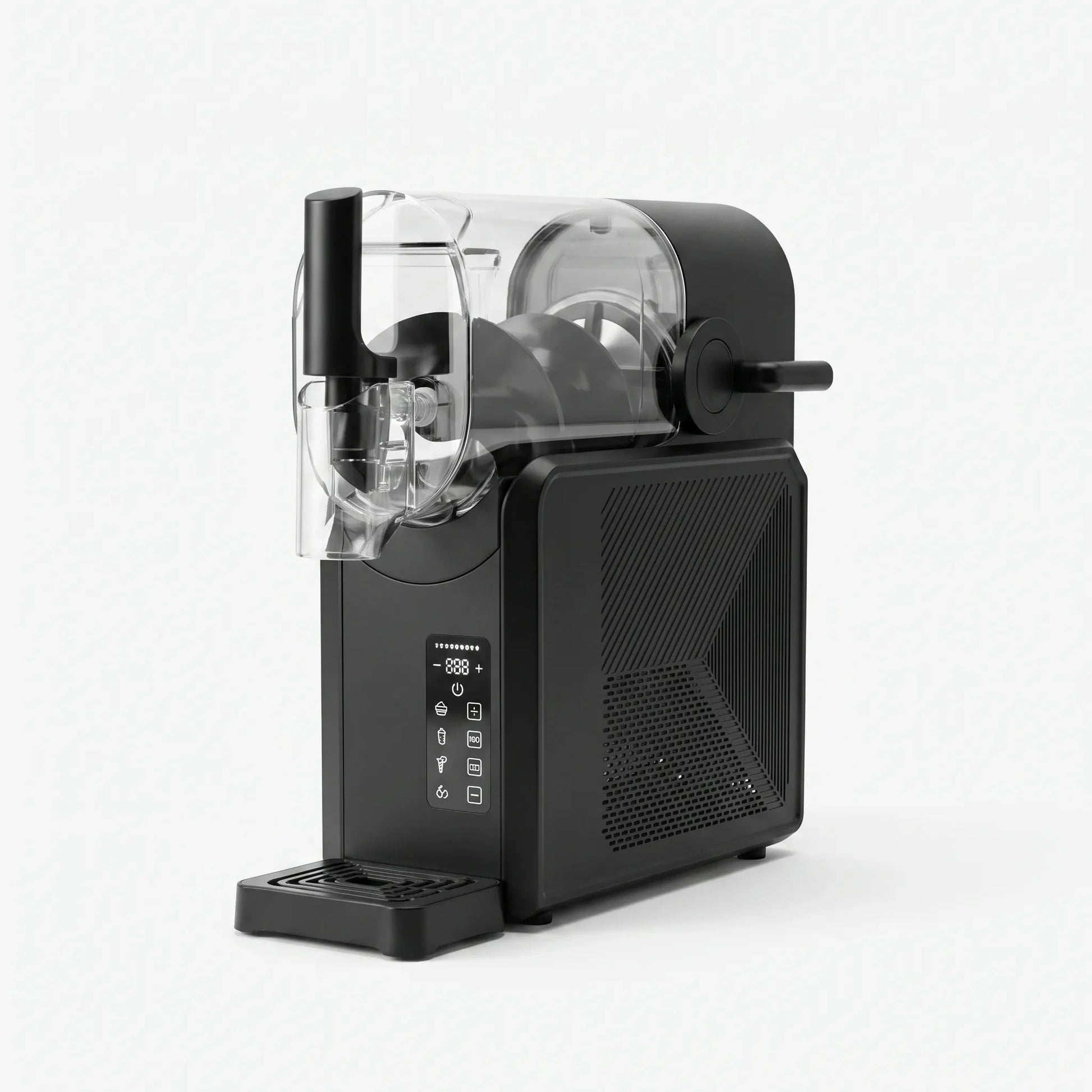 View of a sleek slush machine showcasing its digital control panel and elegant design for countertop use