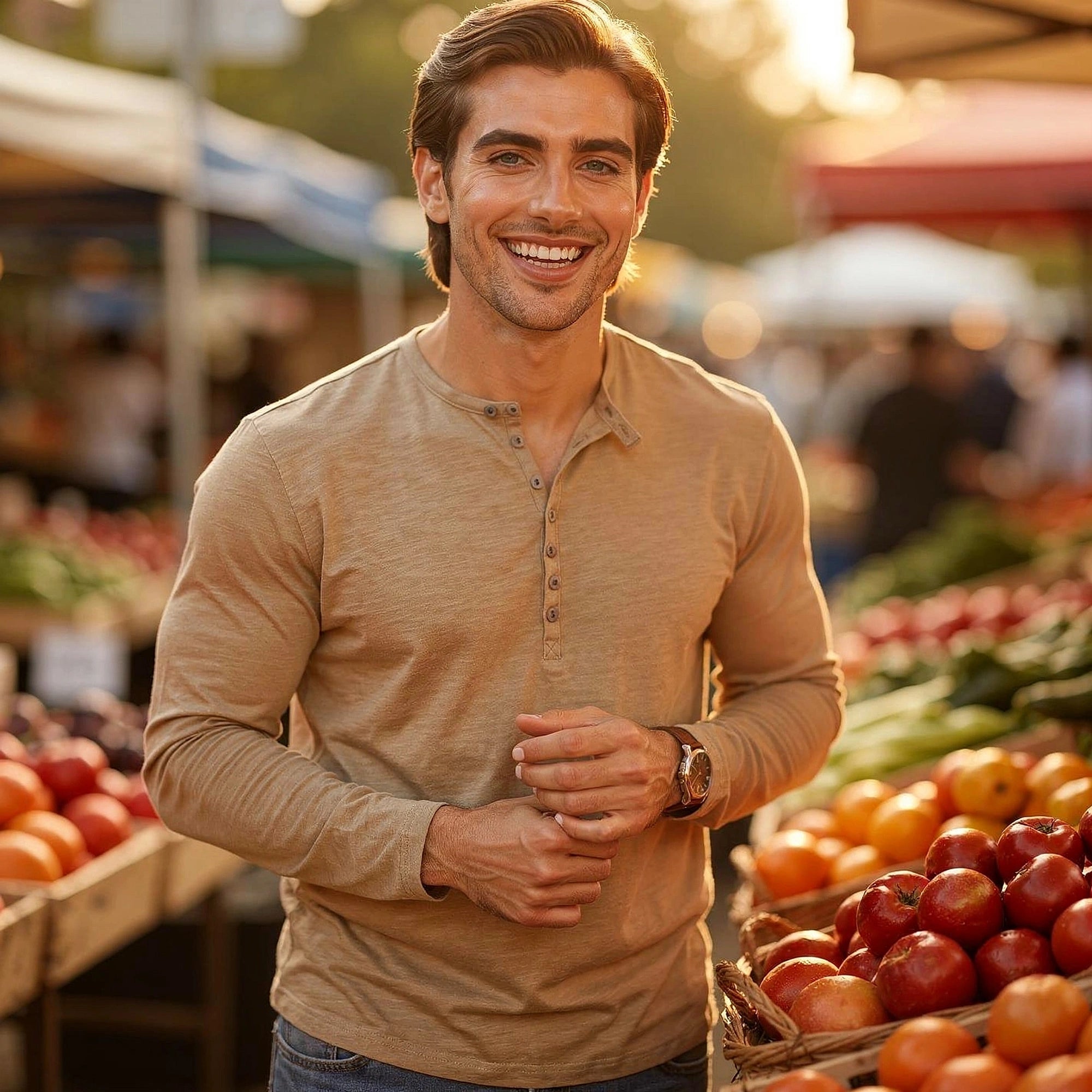 View of a light gray long sleeve henley shirt made of soft cotton, featuring a three button placket and ribbed cuffs