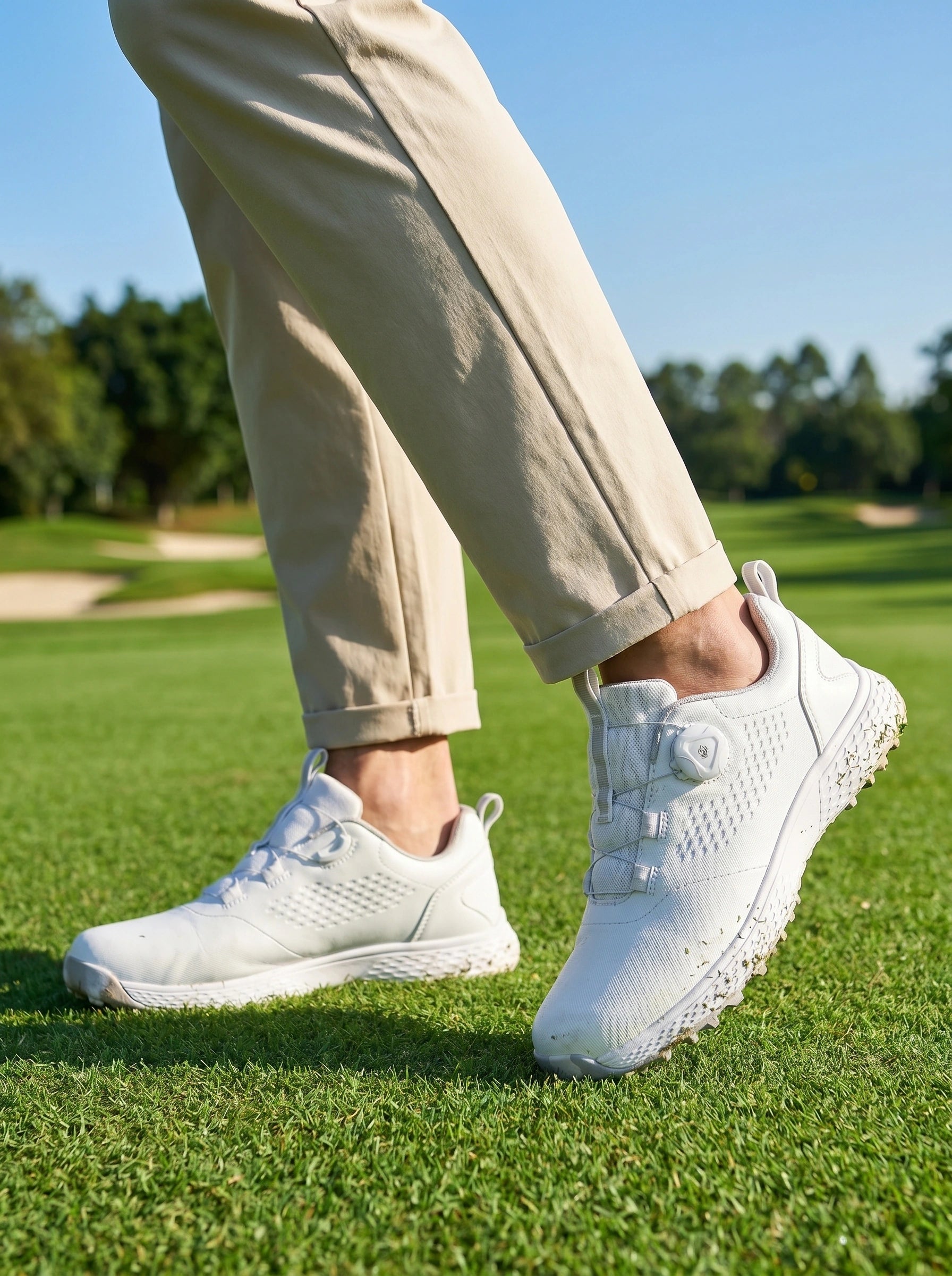 Close up view of the men's waterproof casual golf sneakers showing premium fabric and detailed stitching, showing their quality and design for outdoor activities.