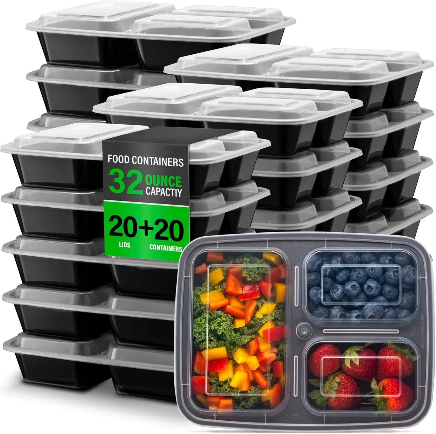 View of a set of practical and durable bento meal prep containers in assorted colors, featuring multiple compartments for meal organization