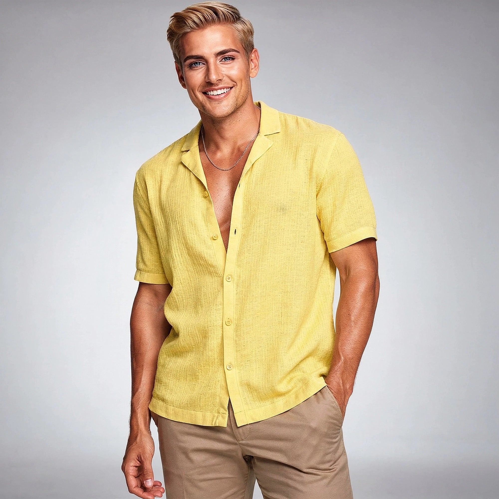 Light blue short sleeve button shirt made of breathable cotton, featuring a relaxed fit and subtle texture, view