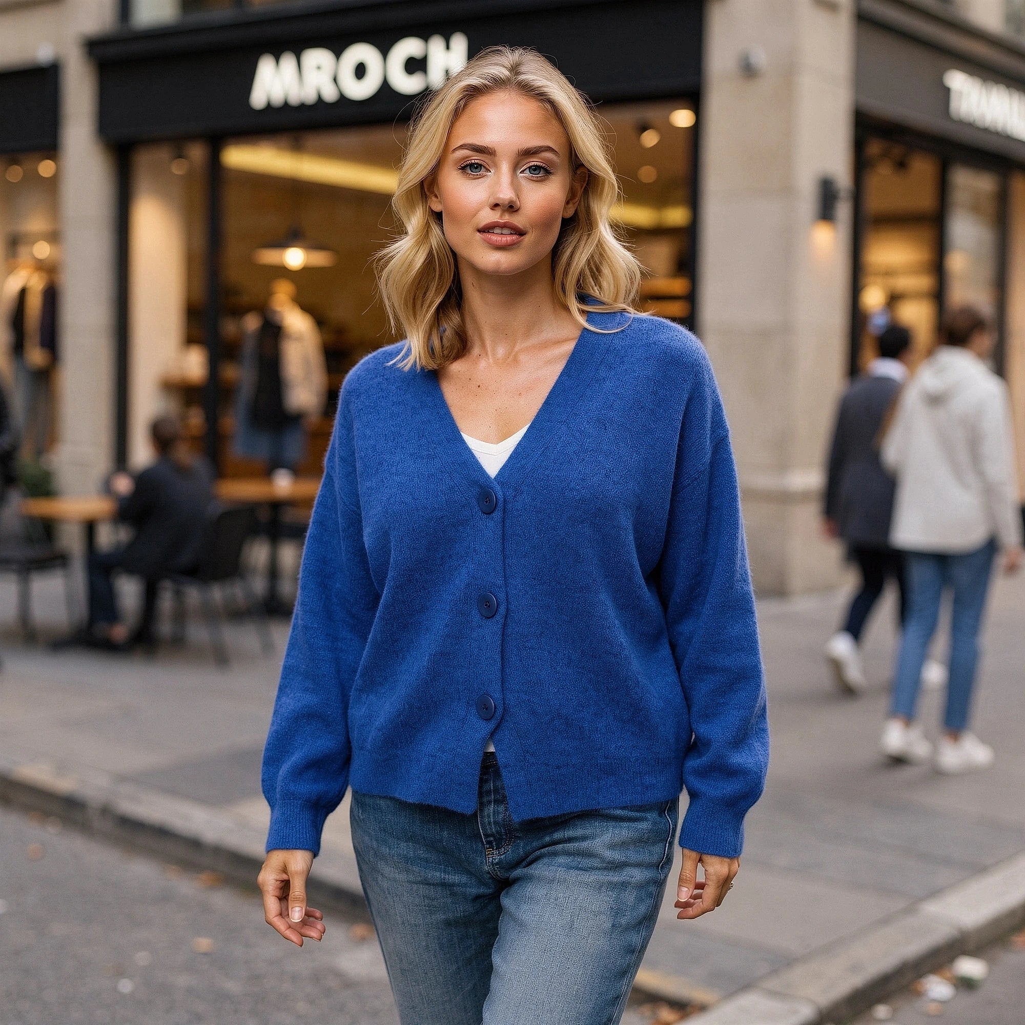 View of a relaxed, comfortable cardigan in soft gray knit fabric, featuring a loose fit and long sleeves