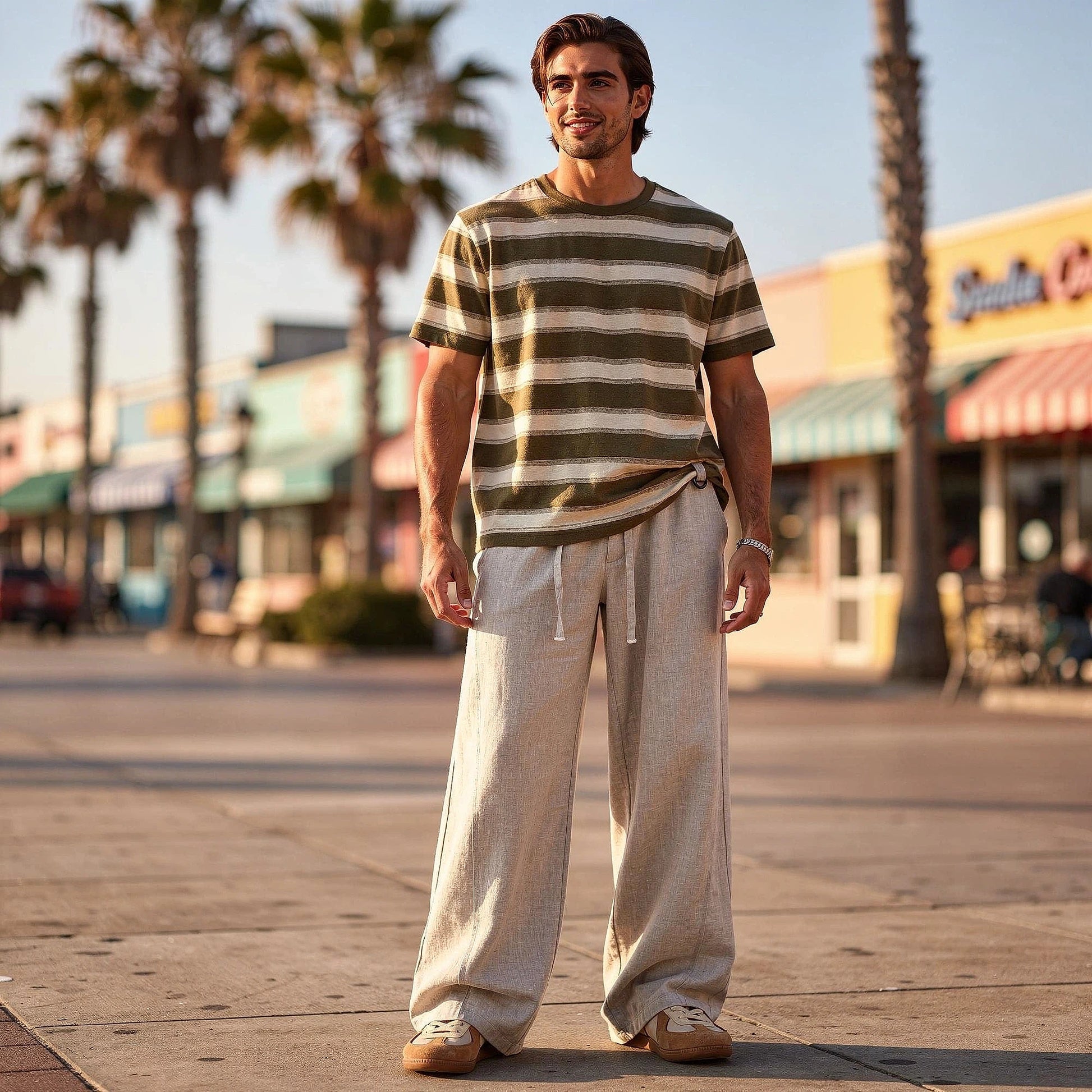 Lightweight summer trousers in light gray, featuring a relaxed fit, drawstring waist, and pockets, detailed view