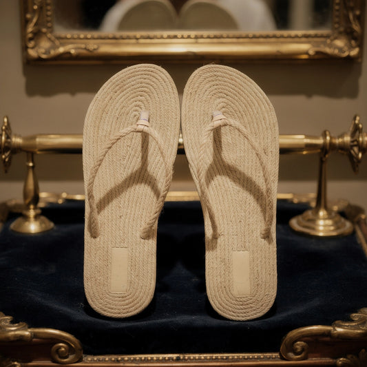 View of chic casual straw flip flop sandals in light beige with a woven texture and comfortable footbed