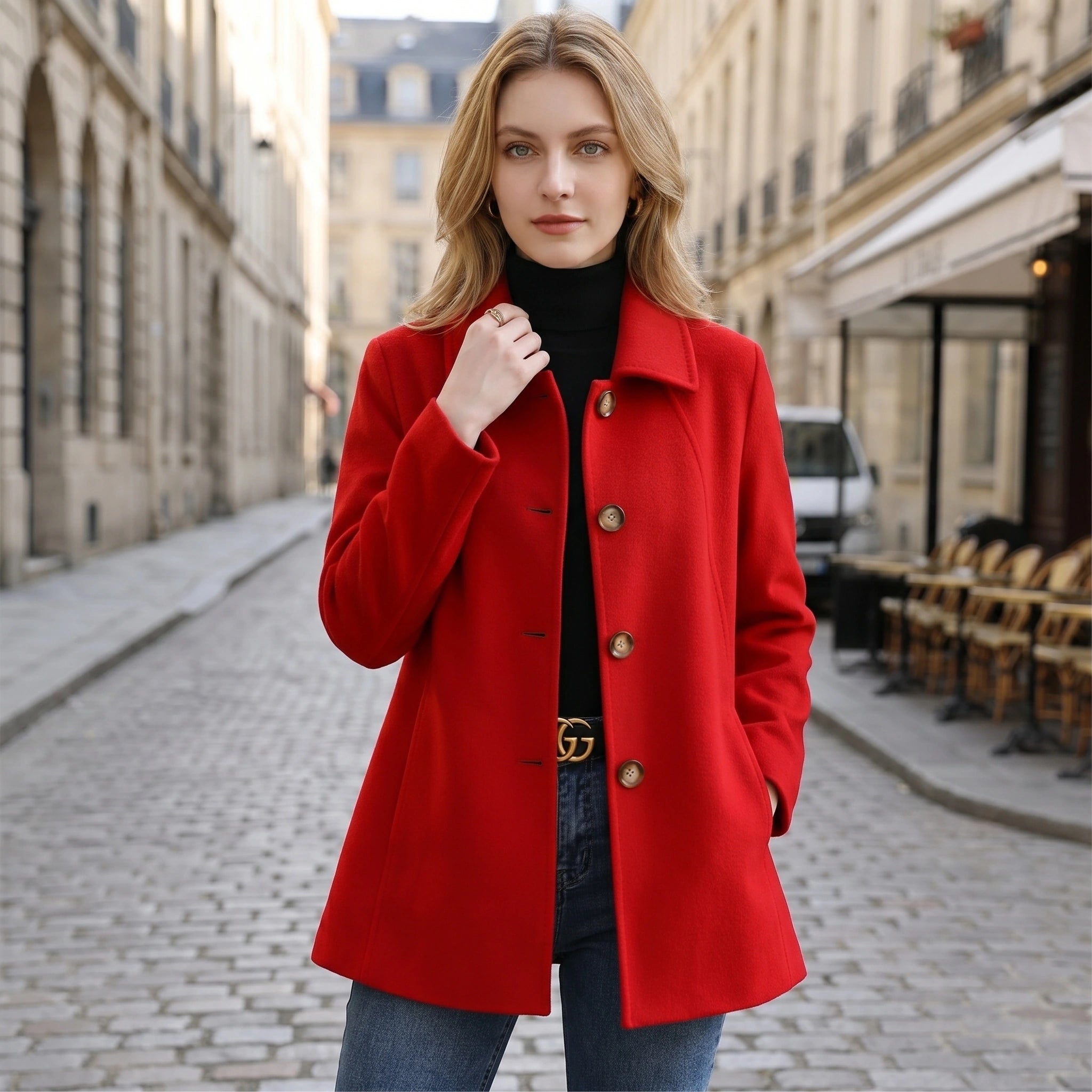 Back view of a model wearing a women's slim autumn jacket in a rich burgundy color, showing its tailored construction and sophisticated silhouette against a neutral background.
