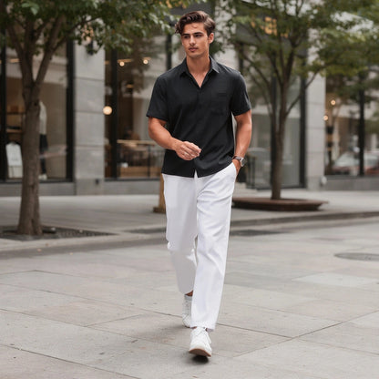 Light blue relaxed fit short sleeve shirt made of soft cotton, featuring a button down collar and chest pocket, view