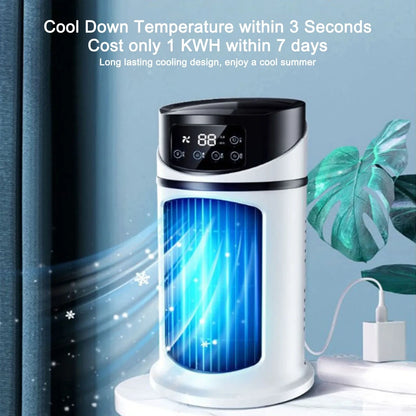 View of a compact portable air conditioner showcasing its vent design and power cord connection for easy placement