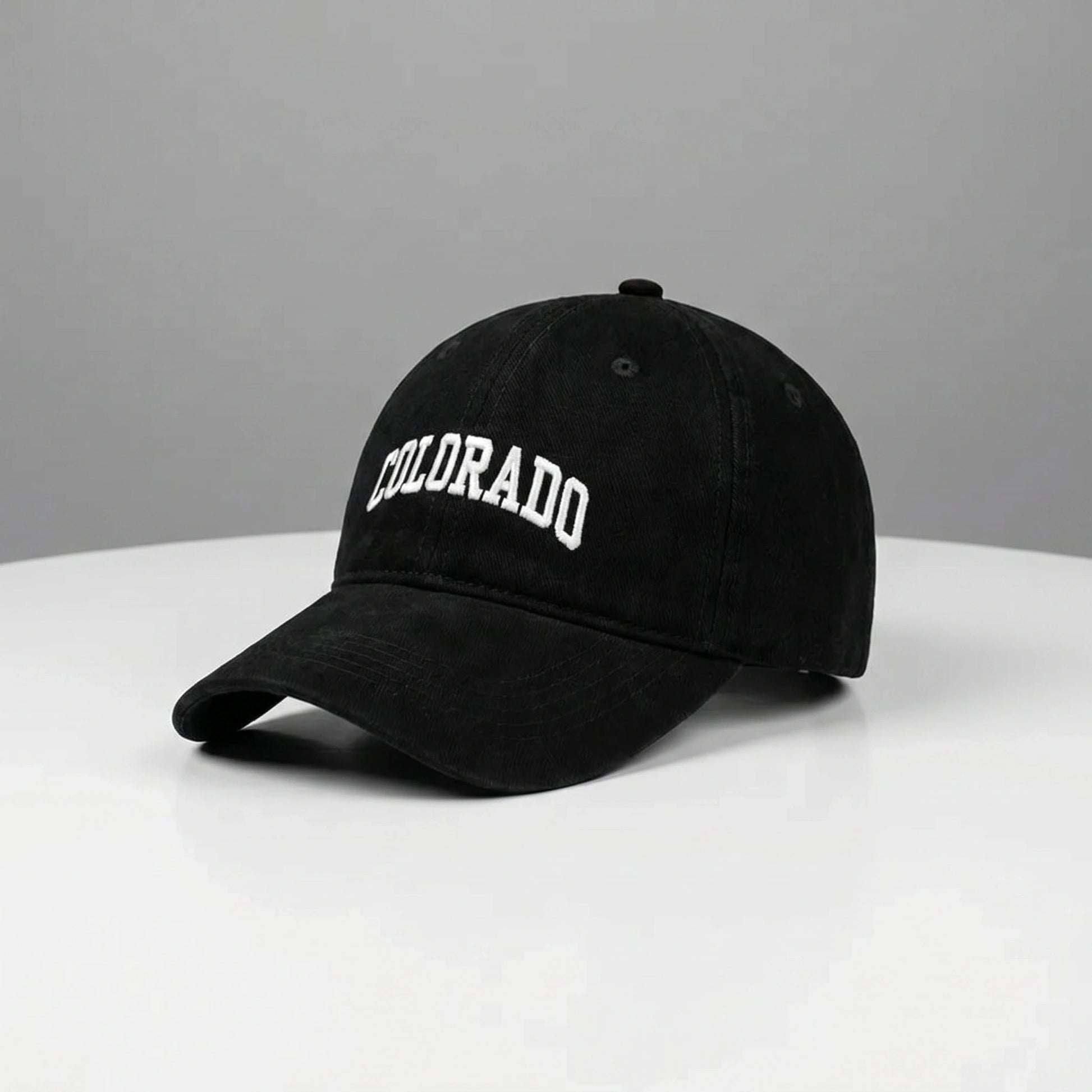 Close up view of the CanyonPeak baseball cap showing its durable fabric, precise stitching, and adjustable strap, perfect for outdoor adventures.