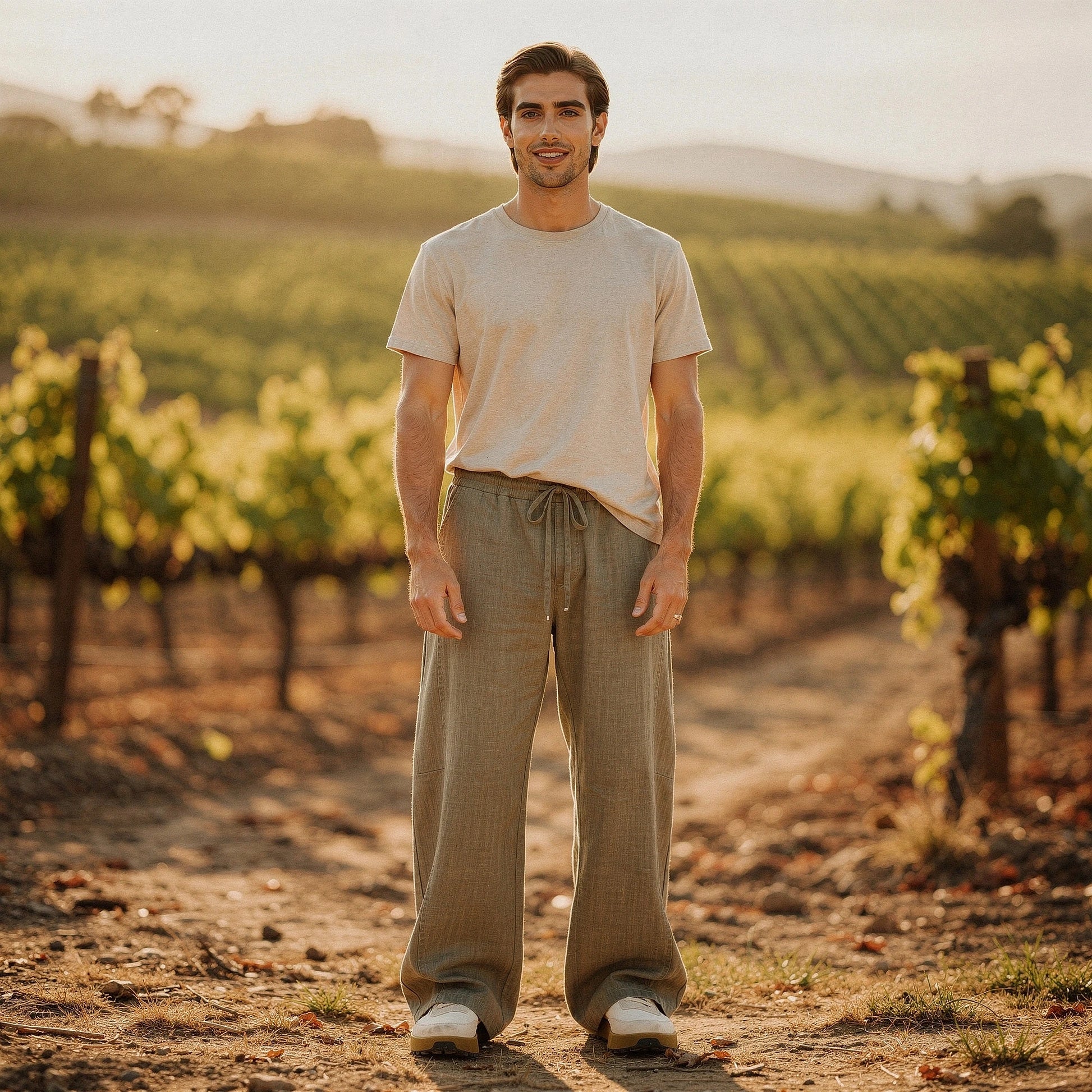 Lightweight summer trousers in light beige, featuring a relaxed fit and pockets, view showcasing fabric texture