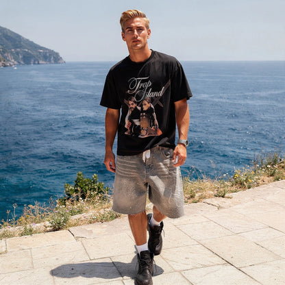 Relaxed denim knee length shorts in light blue, featuring a view that highlights the loose fit and knee length cut