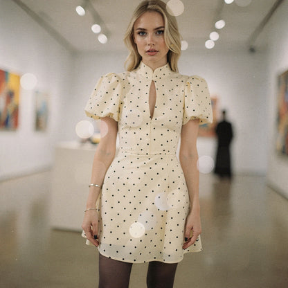 Elegant mini dress in soft fabric featuring playful ruffles and a vibrant floral pattern, view