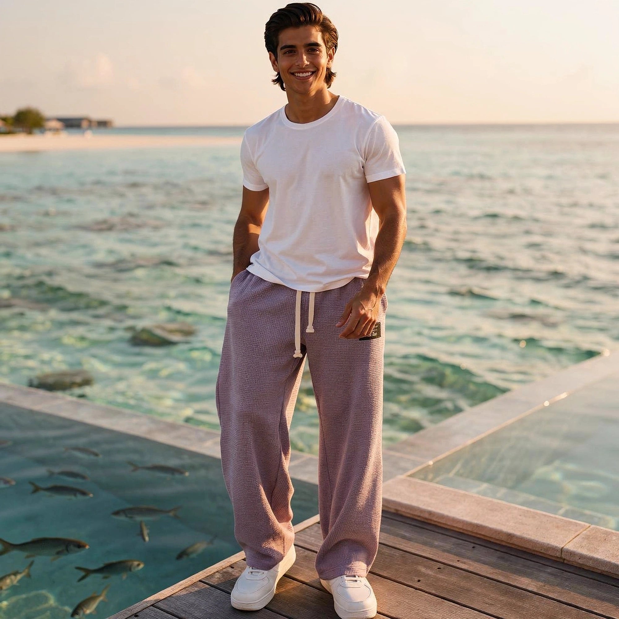 View of relaxed fit drawstring pants in light gray fabric, showcasing the waistband and pockets