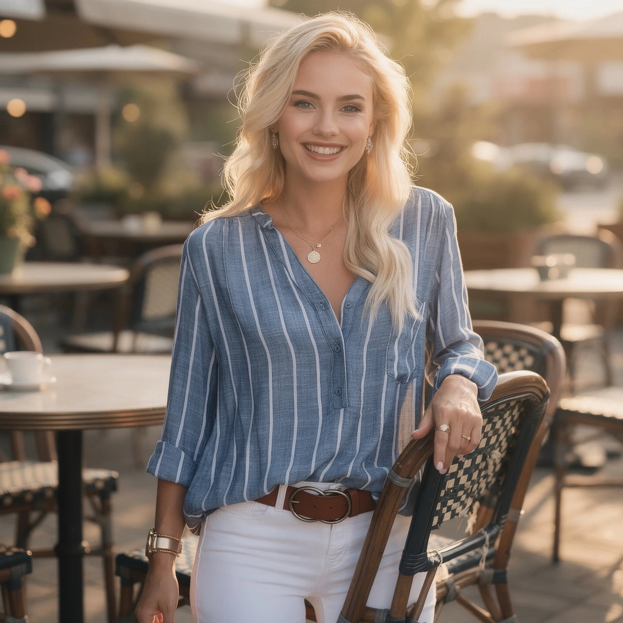 View of a relaxed striped blouse featuring soft fabric, light blue and white stripes, and a loose fit