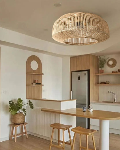 Of the rattan ceiling fan showcasing intricate weave patterns and integrated lighting design with sleek remote control features