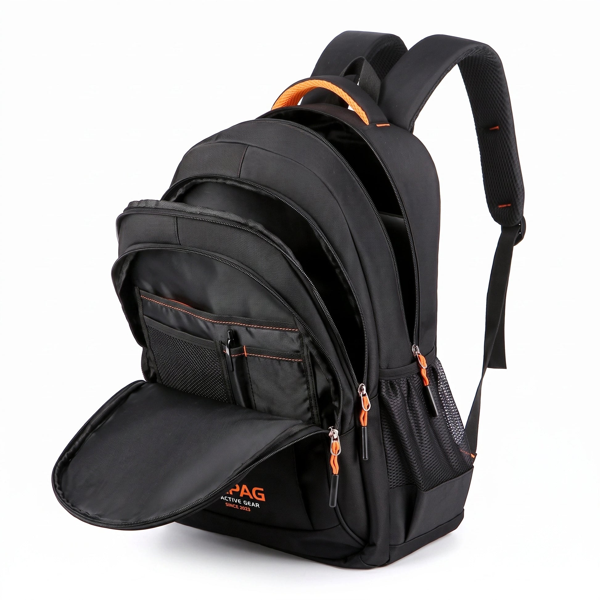 Close up view of the Men's Waterproof School Backpack showing the durable Oxford fabric, intricate stitching, and sleek design elements ideal for urban commuting.