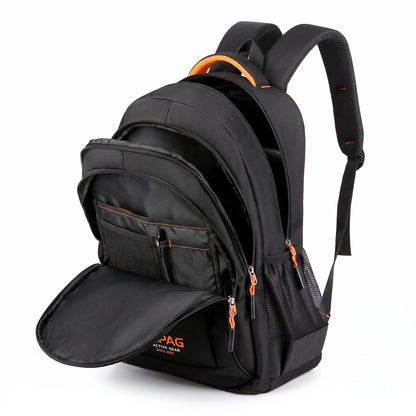 Close up view of the Men's Waterproof School Backpack showing the durable Oxford fabric, intricate stitching, and sleek design elements ideal for urban commuting.