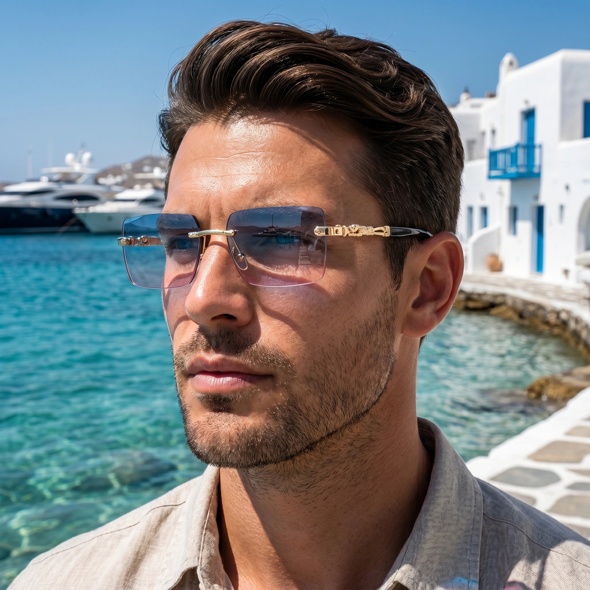 Close up of the sleek frame and polished lenses of the men's summer sunglasses, showing the premium craftsmanship and modern design.