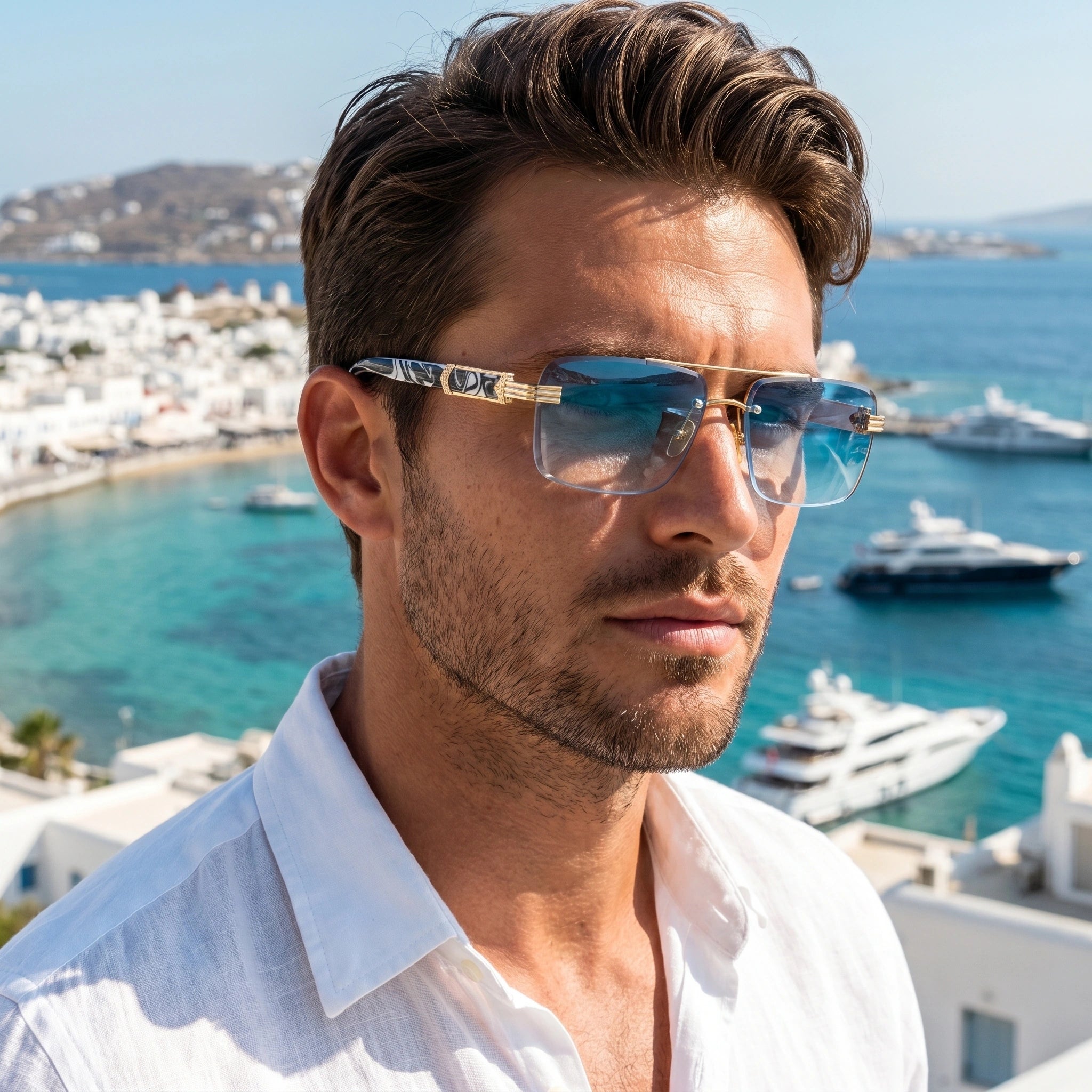 Close up of the Men's Classic Frameless Summer Sunglasses showing the sleek design and lightweight frame against a neutral background.