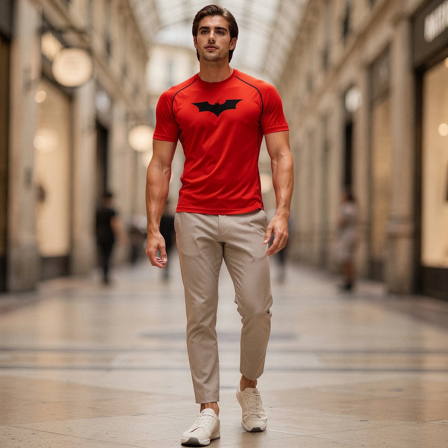 View of a fitted men's athletic compression running tee in dark gray, featuring short sleeves and moisture wicking fabric