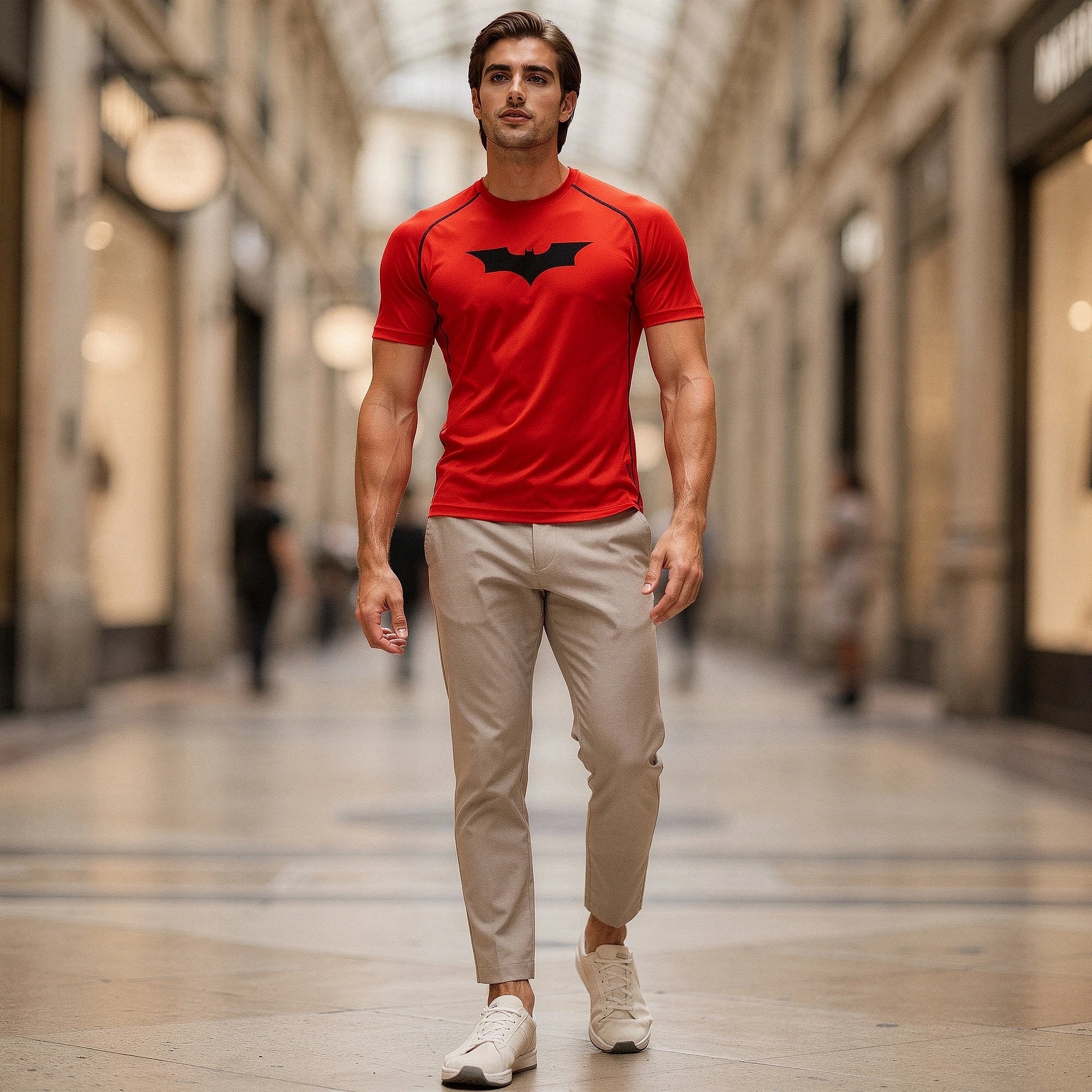View of a fitted men's athletic compression running tee in dark gray, featuring short sleeves and moisture wicking fabric