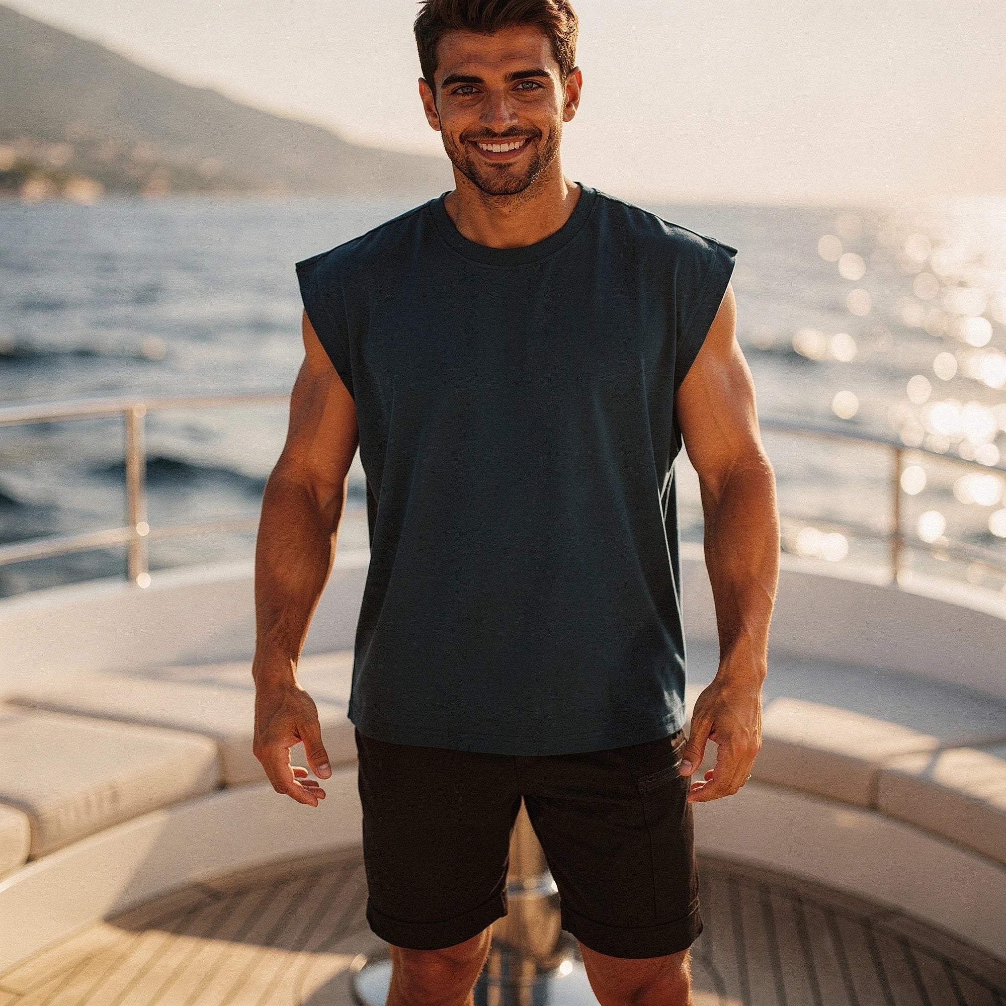 View of a sleek, comfortable summer tank top in light gray, featuring a relaxed fit and soft fabric texture