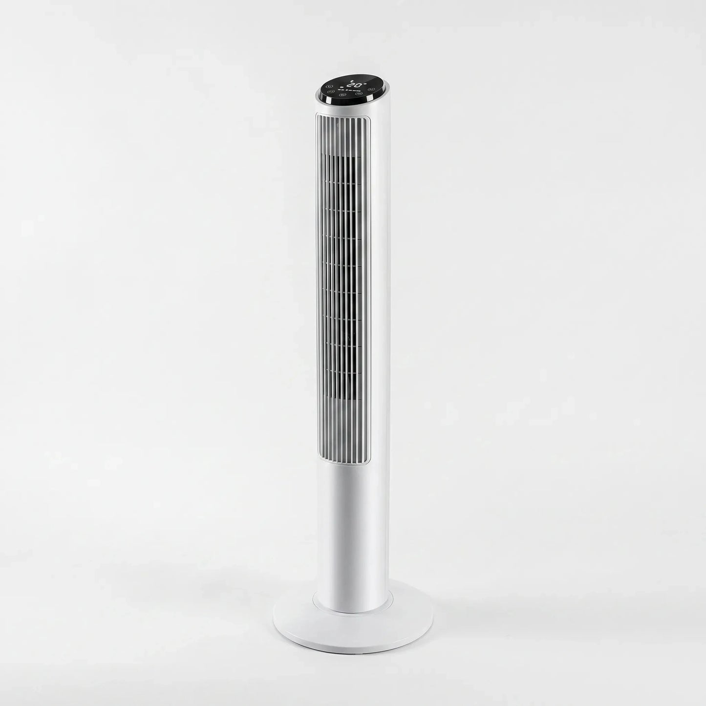 View showcasing the smooth contours and modern design, highlighting the fan's sleek, bladeless technology and control panel