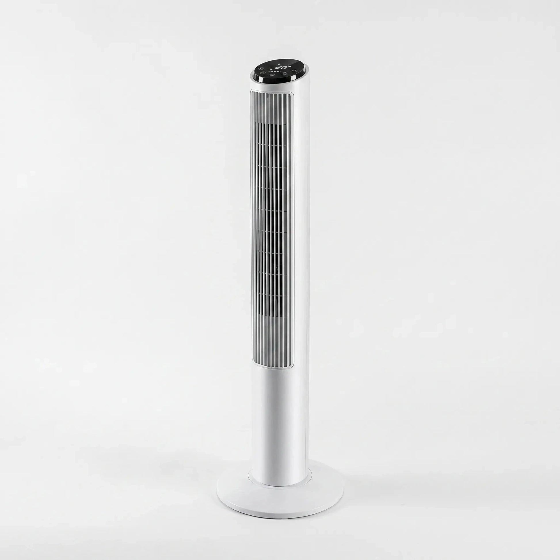 View showcasing the smooth contours and modern design, highlighting the fan's sleek, bladeless technology and control panel