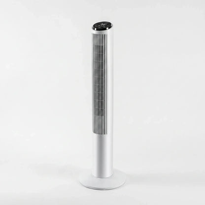 View showcasing the smooth contours and modern design, highlighting the fan's sleek, bladeless technology and control panel