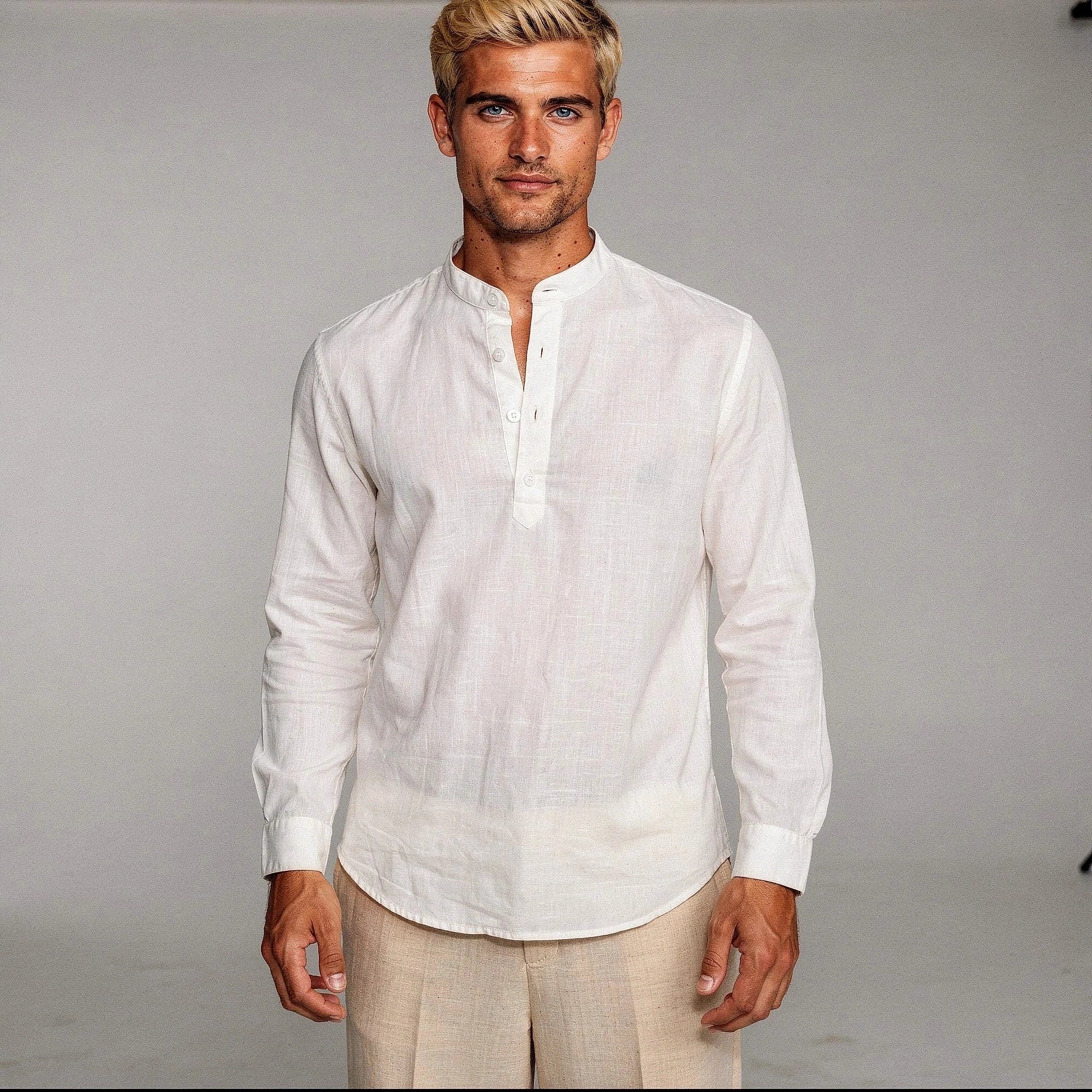Lightweight casual henley shirt in light gray, featuring a three button placket and long sleeves, view