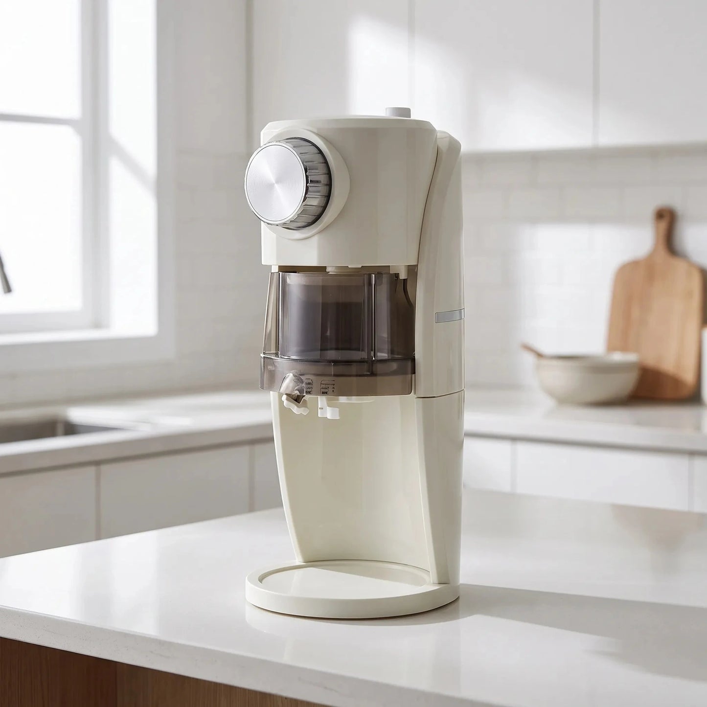 View of a compact electric ice shaver with a sleek design, featuring a clear ice chamber and easy to use controls