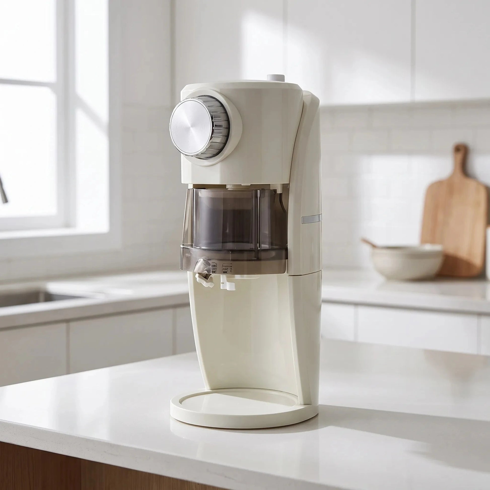 View of a compact electric ice shaver with a sleek design, featuring a clear ice chamber and easy to use controls