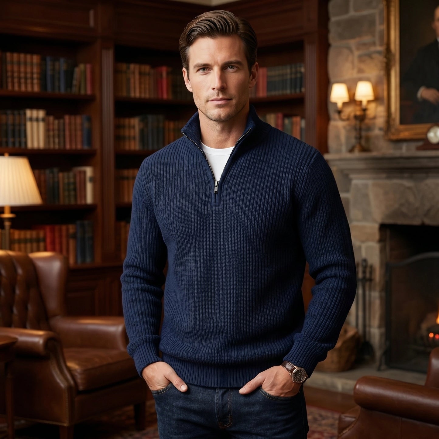 Close up view of the Mens Refined Quarter Zip Sweater showing its soft fabric texture, fine stitching, and sophisticated collar design.
