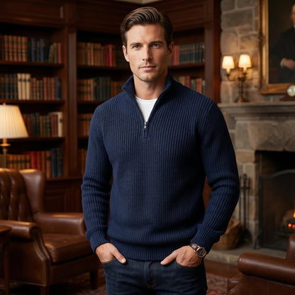 Close up view of the Mens Refined Quarter Zip Sweater showing its soft fabric texture, fine stitching, and sophisticated collar design.