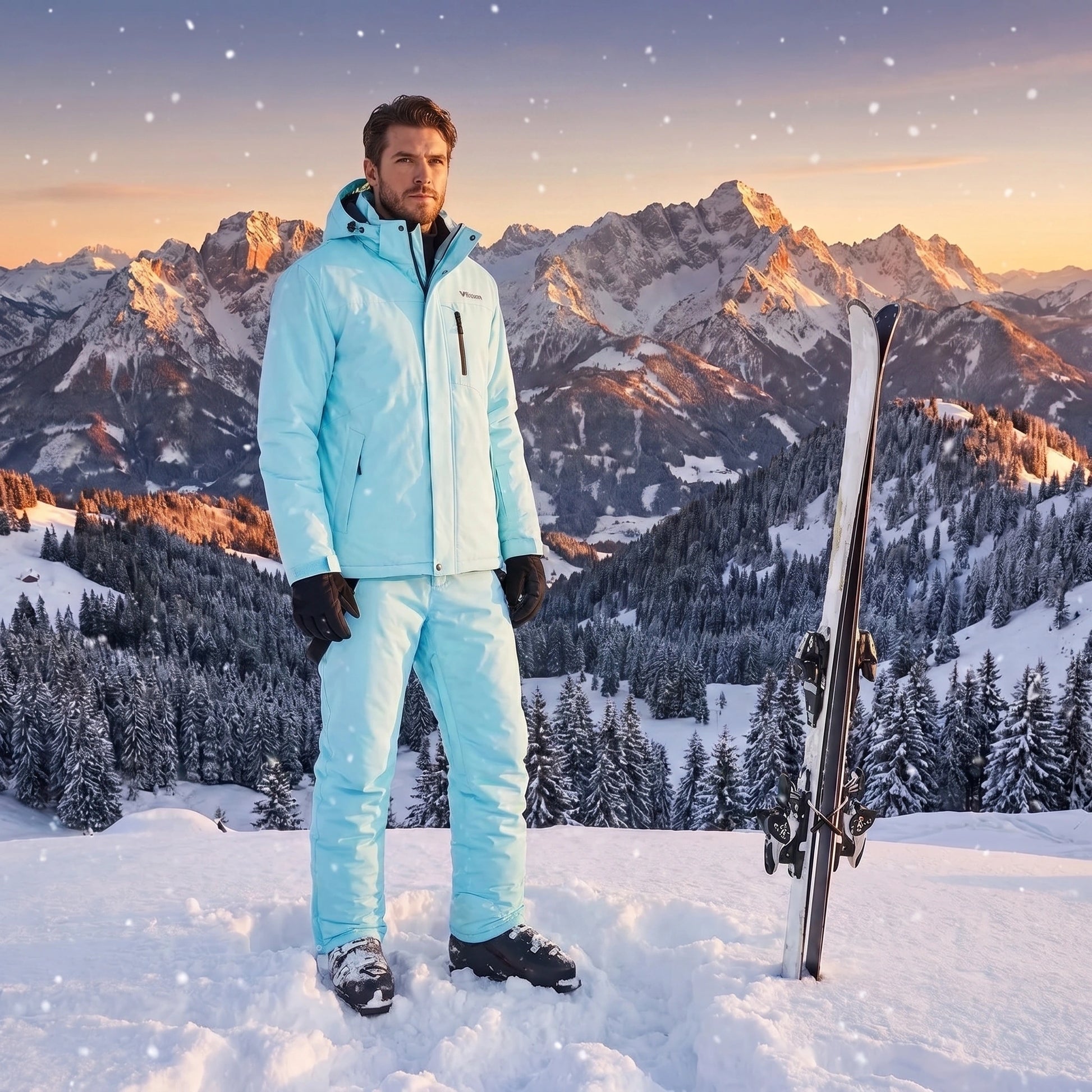 Close up view of the durable fabric and precise stitching of the men's warm windproof winter ski pants, showing quality and attention to .