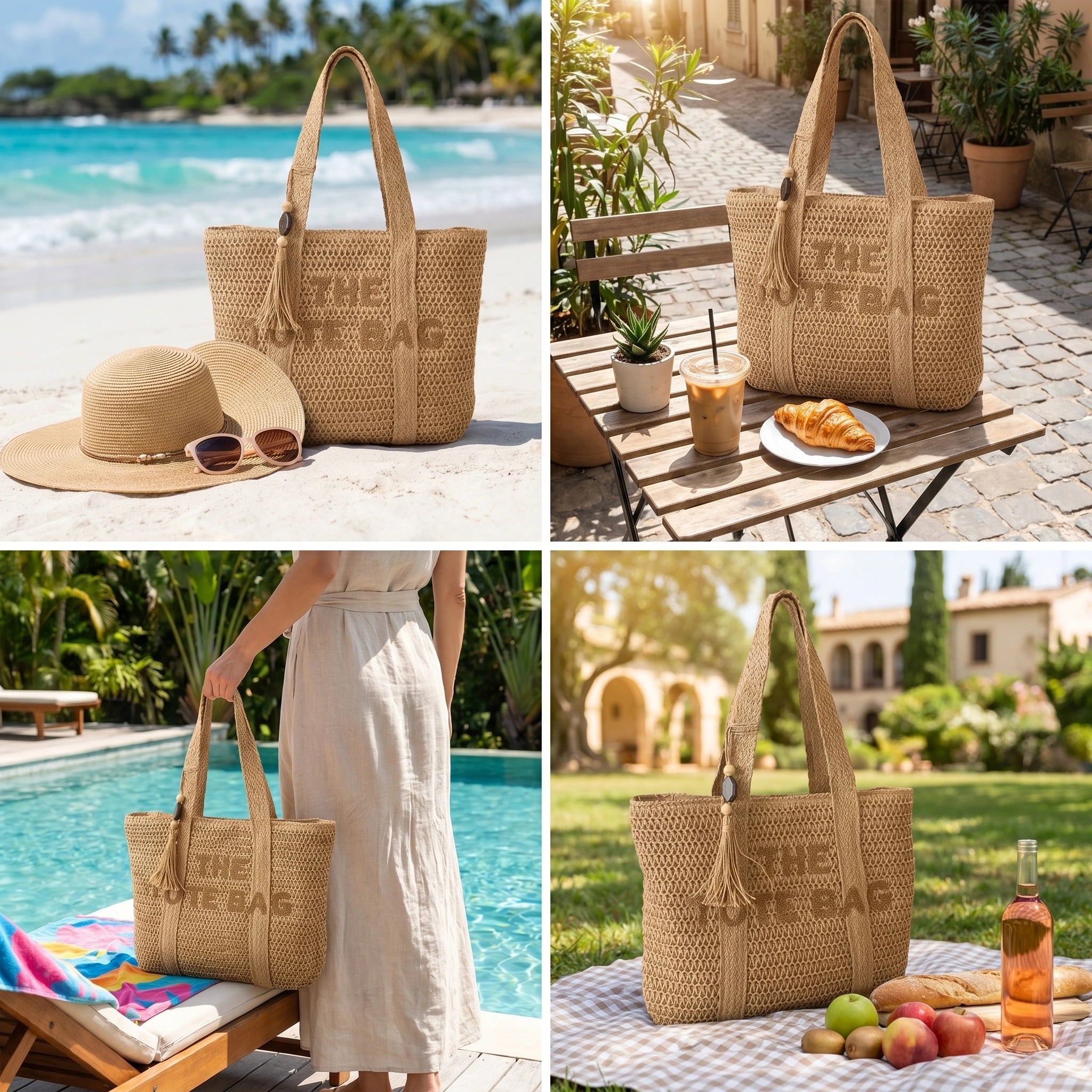 Close up view of the woven straw fabric and intricate stitching of the tote bag, showing its design perfect for beach outings.