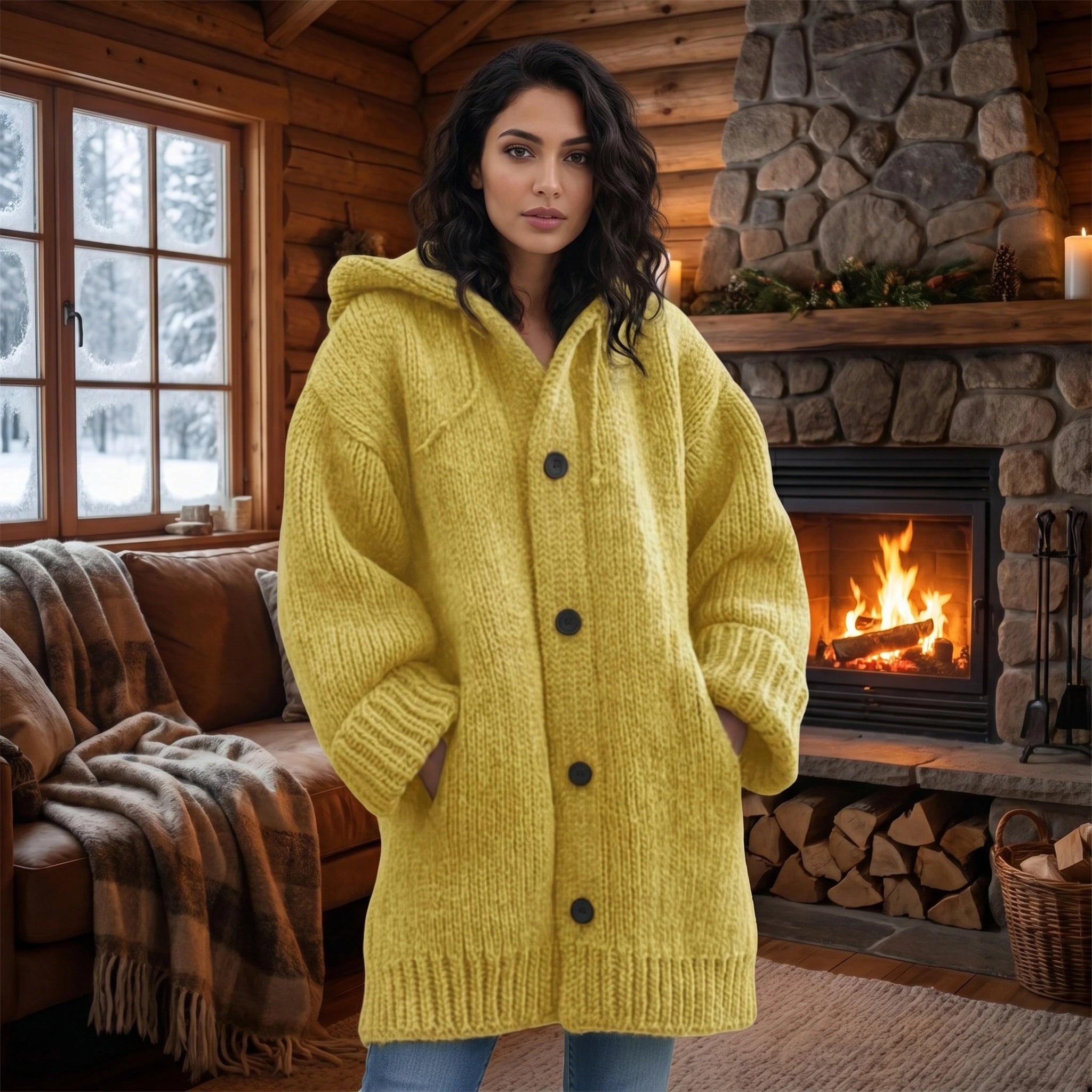 Close up of the Womens Cozy Oversized Winter Cardigan Jacket showing the soft fabric texture and intricate stitching in a warm neutral color.