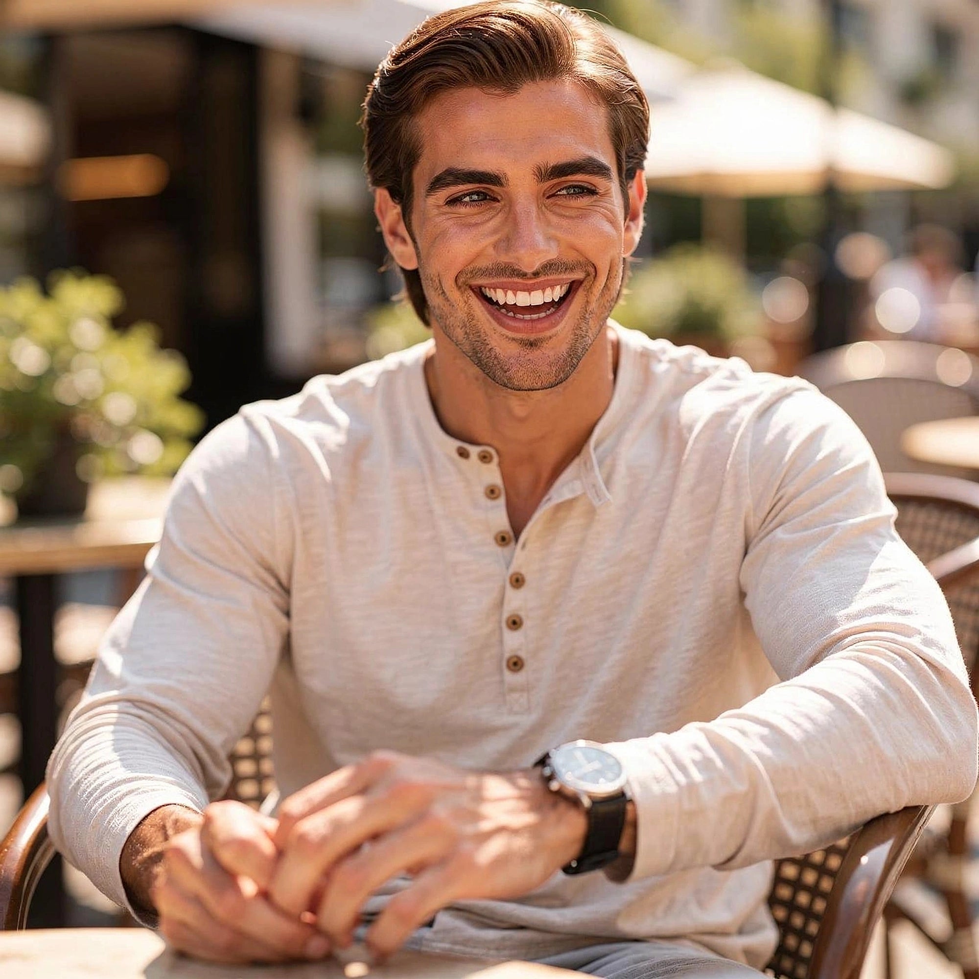 View of a soft gray long sleeve henley shirt featuring a button placket and ribbed cuffs