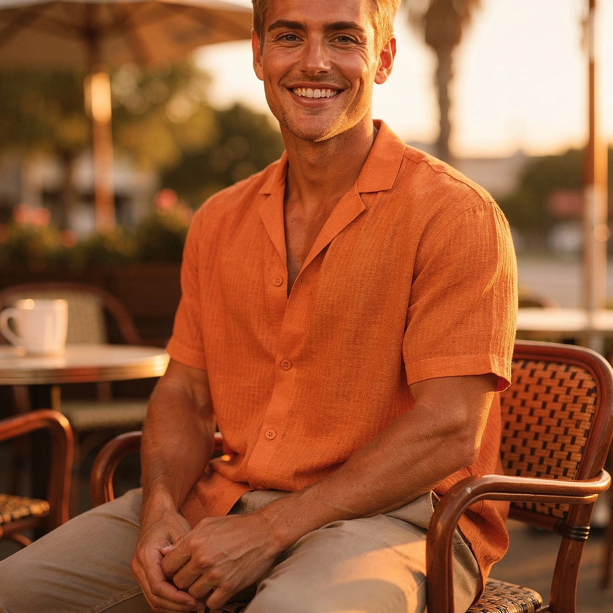 Light blue short sleeve button up shirt made of soft cotton, featuring a relaxed fit and subtle textured pattern, view