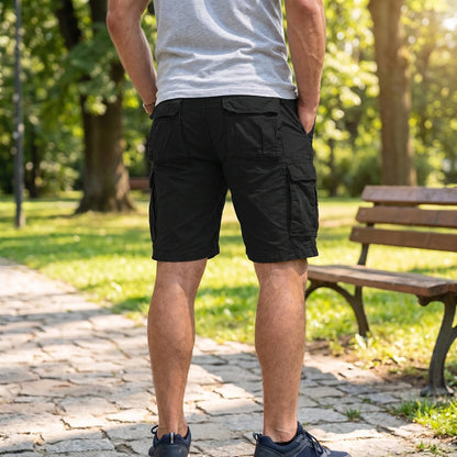 Close up view showing the durable fabric and precise stitching of the Mens Structured Functional Summer Cargo Shorts in a versatile neutral color.