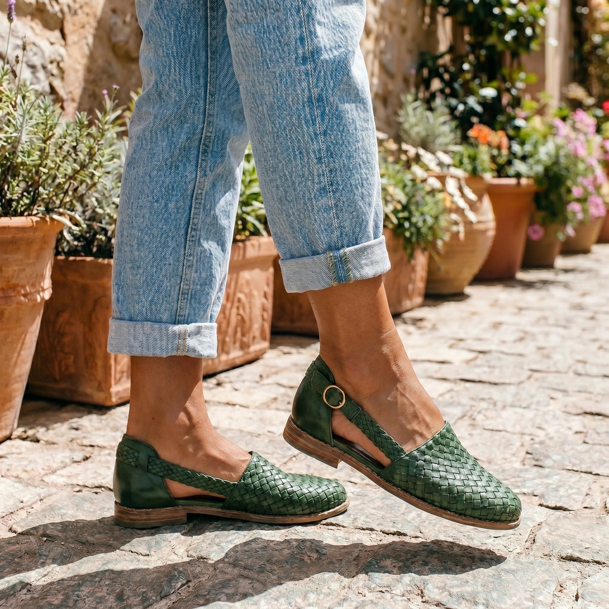 Close up view of the Charlotte women's supportive orthopedic sandals showing intricate stitching and premium fabric in a neutral color, perfect for all day elegance.