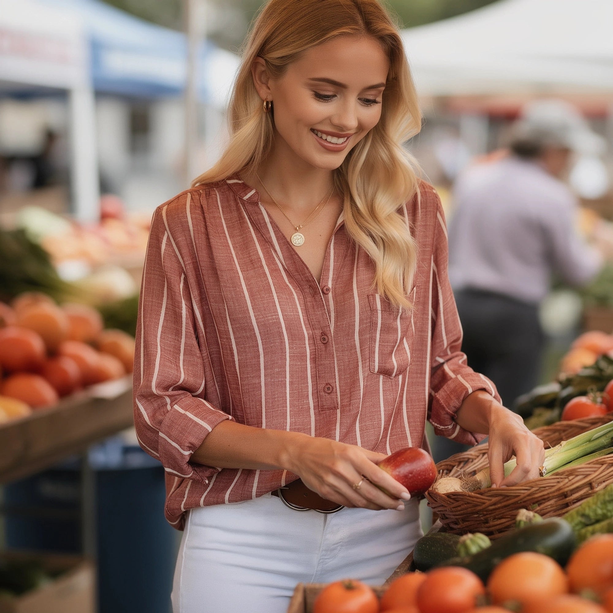 View of a casual relaxed blouse featuring soft cotton fabric, horizontal stripes in light blue and white, and a loose fit