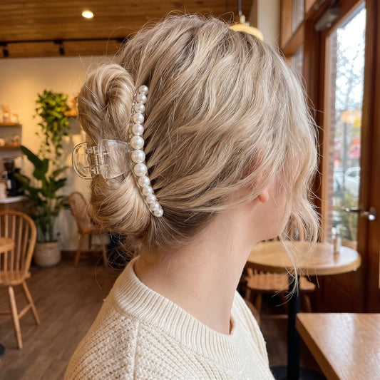 A model showcases the Womens Hair Clips, styled with a sleek outfit in neutral tones against a soft, minimalist background.